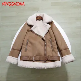 Women's Leather MNCCMOAA High Quality 2023 Winter Women Fashion Thick Warm Lambwool Suede Jacket Coat Female Casual Loose Tops Outerwear