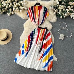Two Piece Dress Runway Skirts Two Piece Suit Women Stretchy Pullover Tops Chic Midi Pleated A Line Skirts Lady Summer Casual 2 Pcs249L