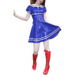 Mascot Fashion Shiny Pvc Leather Doll Neck Patchwork Slim Skater Dress Puff Short Sleeve Sheath Mini Dress Women Student Costumes S-7xlAnime Costumes