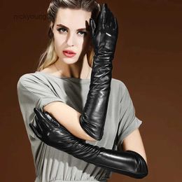 Fingerless Gloves Sexy Black Punk Long PU Leather Gloves Woman's Winter Thin Full Finger Touch Screen Windproof Riding Driving Warm Mittens S33L231017