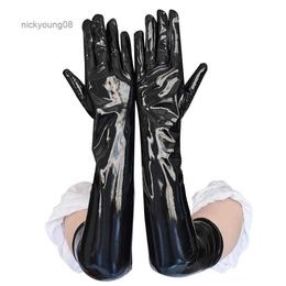 Fingerless Gloves Adult Sexy Long Black Latex Gloves Metallic Wet Look Faux Leather Gloves Clubwear Dance Catsuit Cosplay Accessory MittensL231017