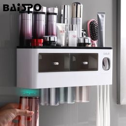 Toothbrush Holders BAISPO Toothbrush Holder With Magnetic Cups Automatic Toothpaste Dispenser Holder Wall Mount Storage Bathroom Accessories 231013