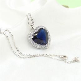 Heart choucong Unique Brand New Luxury Jewelry 925 Sterling Silver Big Blue Sapphire CZ Diamond Party Chain Pendant Necklace For W217J