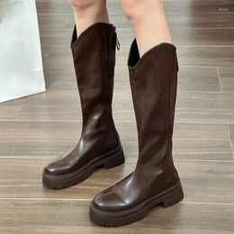 Women Heels Boots Platform Middle Long 2024 Autumn Winter PU Leather Knee High Woman Thick Sole Zipper Riding Botas Muj 11