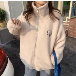 Women's Hoodies Women Autumn And Winter Loose Western Style Wild Cute Bear Plush Jacket Stand-up Collar Imitation Lamb Velvet