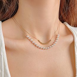 Stainless Steel Beaded Double Layers Pearl Chain Collarbone chain Choker Sweater Chain Jewelry Gift