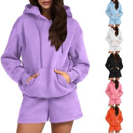 Women's Tracksuits Sports Two Piece Set Casual Solid Colour Long Sleeve Pullover Hoodie Sweatshirt And Loose Shorts Autumn Sportswear Suit