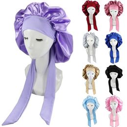 Beanie Skull Caps Fshion Women Satin Night Sleep Cap Hair Bonnet Hat Silk Head Cover Wide Elastic Band Large Brimmed Shower Nightc3332