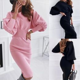 Pure Colour Round Neck Tighten Waist Package Hip Women's Sexy Dress Spring And Autumn Hedging Splice Slim Long Sleeve Women Ca241b