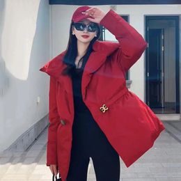 Women's Trench Coats Winter 2023 Red Elegant Jackets With Belt Down Coat For Womens Autumn Chic Thicken Beautiful Ladies Cotton Parka