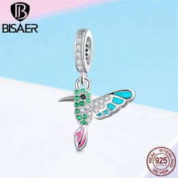 BISAER 925 Sterling Silver Hummingbird Bird Colour CZ Charms Animal Beads fit Bracelet Beads for Silver 925 Jewellery Making ECC991 Q277J