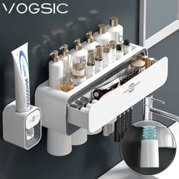 Toothbrush Holders VOGSIC Wall Toothbrush Holder With Drawer Brush Holder Squeezer Toothpaste Shelf Cups Storage Organiser Bathroom Accessories Set 231013