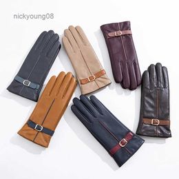 Fingerless Gloves Ladies Inner Wool Real Sheepskin Leather Winter Gloves Full Finger female outdoor Warmmer Hot ElegantL231017