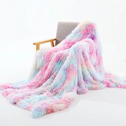 Blankets HOLAROOM Rainbow Coral Fleece Blanket Super Soft Plush Blankets Colorful Cushion Cover Furry Fuzzy Fur Warm Blanket for Winter 231013