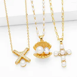 Pendant Necklaces FLOLA Copper Gold Plated Zircon Shell For Women Exquisite Pearl Cross Elegant Protection Jewelry Nkeb256