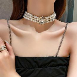 Chokers Trendy Short Neckwear Multi-row Goth Pearl Necklace For Women Crystal Inlaid Rhinestones Chocker Fashion Jewellery Girl Gift252c