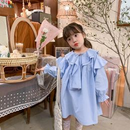 Girl Dresses Long Sleeved Dress Sweet And Loose V-neck Ruffled Doll Collar Shirt