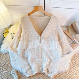 Women's Knits Clothland Women Vintage Ruffled Knitting Cardigan V Neck Oversized Style Long Sleeve White Sweater Coat Loose Jacket HA405