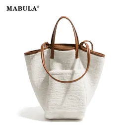 White Faux Fur Bucket Top Handle Bag Simple Stylish Suede Hobo Shoulder Shopper Purse Winter Fashion Tote Handbag