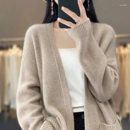 Women's Knits Autumn And Winter V-Neck Sweater Cardigan Women Long Sleeve Solid Colour Knitted Jacket Pocket Loose Knitwear Ladies Tops H3337