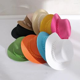 Wide Brim Hats 2023 British Flat Top Straw Hat Women Summer Travel Anti-UV Fashion Colour Chain Beach Candy Sun