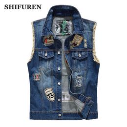 SHIFUREN Ripped Denim Vest Men Fashion Patch Designs Cowboy Frayed Jeans Sleeveless Jackets Punk Rock Motorcycle Waistcoat220c