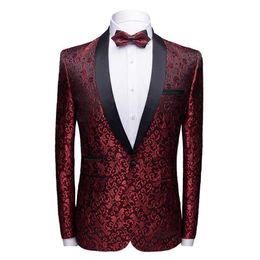 Brand Men Shawl Collar Wine Red Casual Suit Jacket Prom Party Blazer Man Coat Blazer Hombre Men Slim Fit Floral Masculino1975