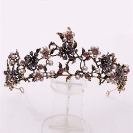 Baroque Vintage Black Purple Crystal Pearls Bridal Tiaras Crown Pageant Diadem Veil Tiara Wedding Hair Accessories 210701270I