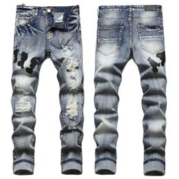 Men Jeans Letter Star AM tiny spot Men Embroidery Patchwork Ripped Sexy Romantic Wild Motorcycle Pant Mens AM3093-00 size 29-38