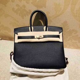 Genuine Designer Handbag Pure Manual Wax Line Litchi Pattern Platinum Bag Leather Bag Women's One Shoulder Portable Large Capacity Bag have logo