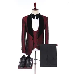 Men's Suits JELTOIN Burgundy Green Jacquard Wedding Suit For Men Groom Tailor-Made 3 Piece Set Costume Formal Tuxedo