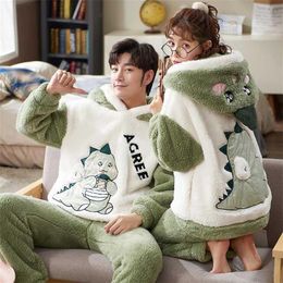 Couples Pyjamas Sets Women Men Winter Thicken Pyjamas Sleepwear Cartoon Dinosaur Korean Lovers Homewear SoftWarm Pijama Hoodies 21240Z