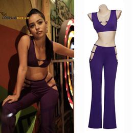 Euphoria Maddy Cosplay 2022 Spring Summer Sexy Hollow Outfit Purple Crop Tank Top Bra and Boot Cut Pants Slim Set Maddy Costume