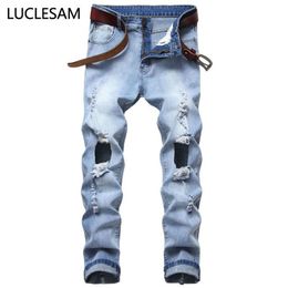 Destroyed Big Holes Jeans for Men Casual Elastic Mens Denim Pants Skinny Fit Jeans Streetwear Stretchy Motor Biker Trousers 42248V