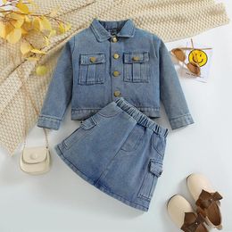 Clothing Sets FOCUSNORM 4-6Y Fashion Kids Girls Autumn Clothes Set Long Sleeve Button-down Denim Jacket With Elastic Waist Mini Skirt