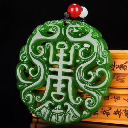 Natural Green Jade Dragon Pendant Beads Necklace Charm Jadeite Jewellery Double-sided Hollow Carved Amulet Gifts