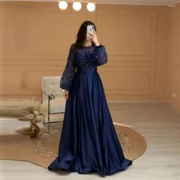 Party Dresses Modest Navy Blue A-Line Evening Puff Long Sleeves Shiny Lace Satin Slit Prom Gown Saudi Arabic Women Formal Dress