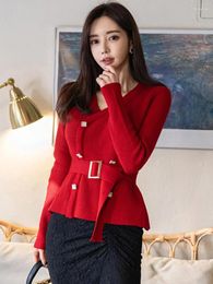 Women's Sweaters Autumn Winter Knitted Women Sweater Mujer Basic Red V-Neck Double Breasted Short Belt Femme Inner-Match Street Stretchy