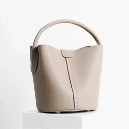 Evening Bags Fashion Thick Cow Leather Handbag For Women Luxury Lychee Texture Bucket Shoulder Mini Tote Minority Style Lady Pouch 2023