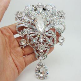 Whole - Luxury Bride Flower Drop Pendant Bride Bridesmaid Wedding Brooch Pin Clear AB Rhinestone Crystal299v