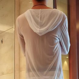 Men's Sleepwear Sexy Transparent See Through Men Sports Casual Pyjamas Home Set Gauze Hoodie Top Pants Lounge Loungewear Cl266c