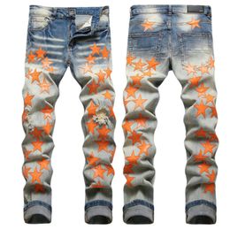 Men Jeans Letter Star AM tiny spot Men Embroidery Patchwork Ripped Sexy Romantic Wild Motorcycle Pant Mens AM3322-00 size 29-38