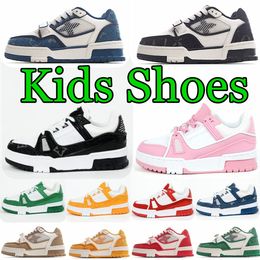 Designer Virgil Toddler Trainers Casual Sneakers Kids Shoes Calfskin Leather Abloh Yellow Green Red Blue Letter Overlays Platform Låg Sneakers Storlek 28-35