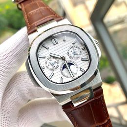 Men's Luxury Fully Automatic Mechanical Movement Multi-function Watch Moon Phase Display Stainless steel case Brown leather strap White dial sapphire glass and box