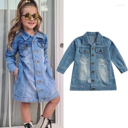 Girl Dresses FOCUSNORM 2-7Y Fashion Autumn Denim Kids Girls Dress Long Sleeve Single Breasted Turn Down Collar Blue Hole A-Line