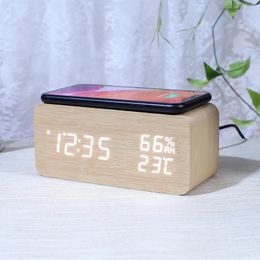 Desk Table Clocks Desk Digital Clock Wooden Alarm Clock Wireless Charging Clock for Table Bedroom Desk LED Display Thermometer Humidity Clock 231017