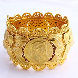 70mm Ethiopian Coin Fashion Big Wide Bangle CARVE 22K THAI BAHT SOLID Gold GF Dubai Copper Jewelry Eritrea Bracelet Accessories301S