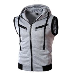 Men's Hooded Vest Spring and Summer Hooded Sleeveless Slim Vest Wine Red Grey Zipper Open Vest Jacket276N