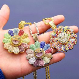 Fashion Diamond Sunflower revolving Pendant necklace full crystal design 18-karat gold chain 75cm long punk rock micro hip hop jew291e