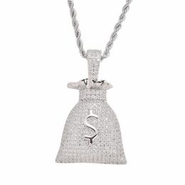 US Dollar Money Bag Pendant With Tennis Chain Gold and Silver Color Cubic Zircon Men's Hip hop Necklace Jewelry For Gift276b